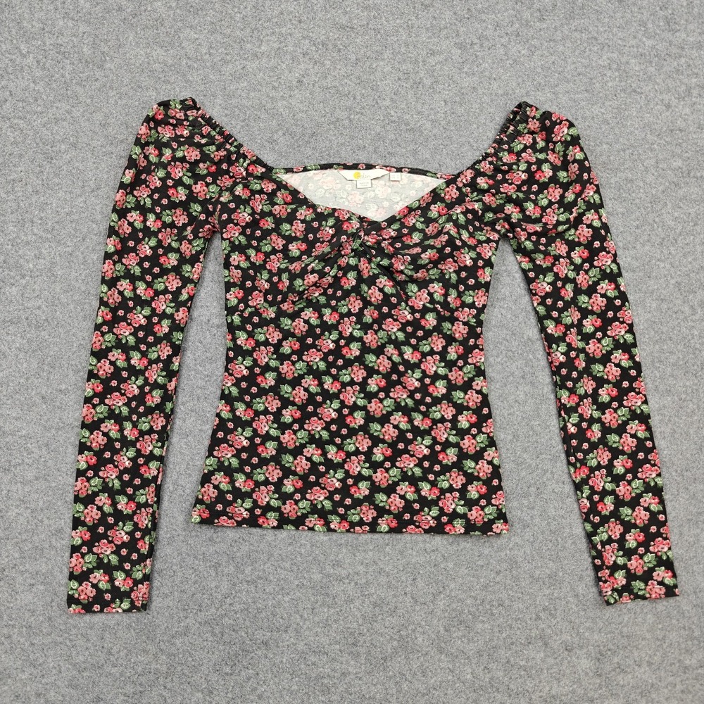 Boden Shirt Womens 2 Black Floral Sweetheart Neck Long‎ Sleeve Stretch Jersey
